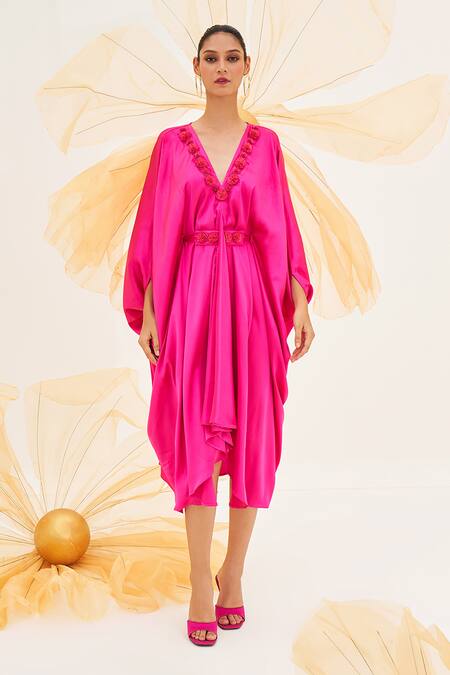 Shop_House Of Fett_Pink Satin, Lycra Embroidery V-neck Rose Floral Work Kaftan_Online_at_Aza_Fashions