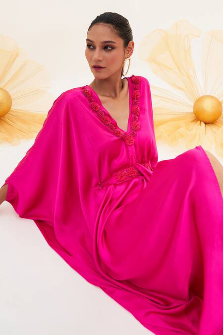 House Of Fett_Pink Satin, Lycra Embroidery V-neck Rose Floral Work Kaftan_at_Aza_Fashions