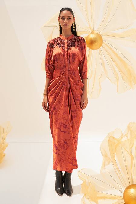House Of Fett_Orange Satin Sequins Bandeau Neck Sakura Asymmetric Gown _Online_at_Aza_Fashions