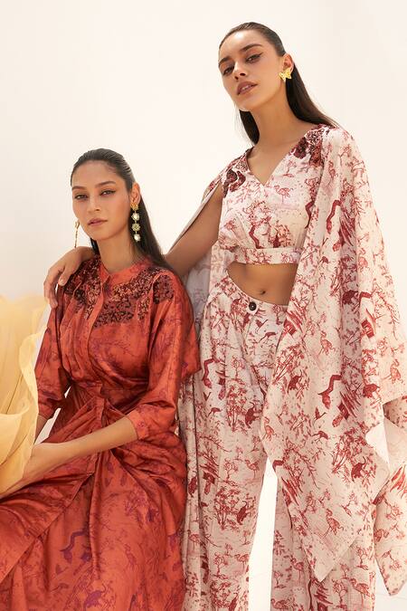 Shop_House Of Fett_Orange Satin Sequins Bandeau Neck Sakura Asymmetric Gown _Online_at_Aza_Fashions