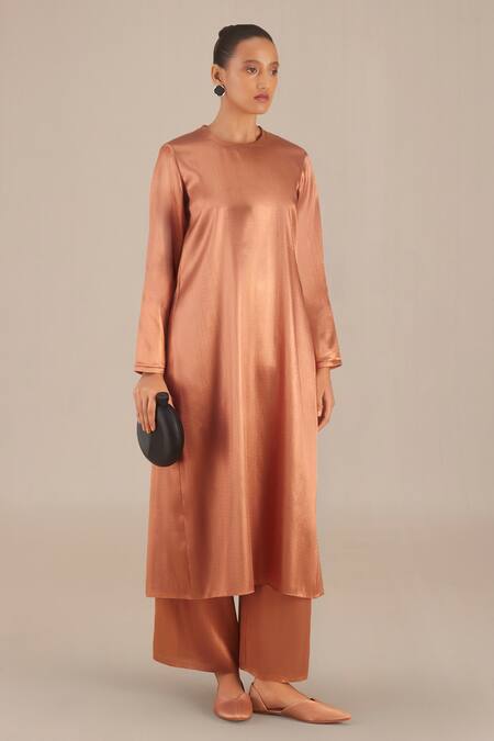 Shop Ampm Gold Round Neck Metallic Woven Tunic And Palazzo Set Online at Aza Fashions Shop_Ampm_Gold Round Neck Metallic Woven Tunic And Palazzo Set_Online_at_Aza_Fashions