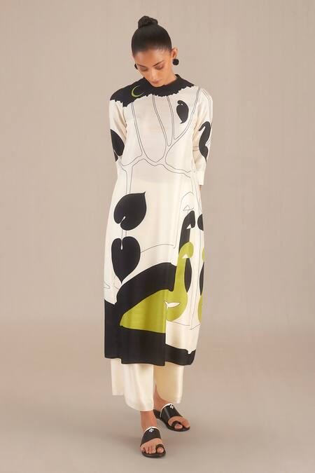 AMPM Ivory Rose Silk Printed Leaf Round High Neck Ira Kurta And Palazzo Set 