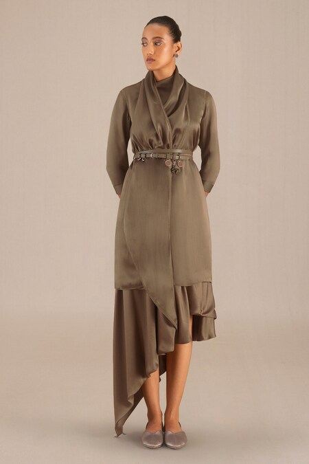 AMPM Grey Satin Organza Sofi Cowl Neck Tunic And Skirt Set