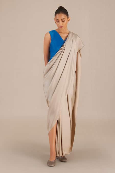 AMPM Beige Silk Twill Solid V Neck Pre-draped Saree Gown 