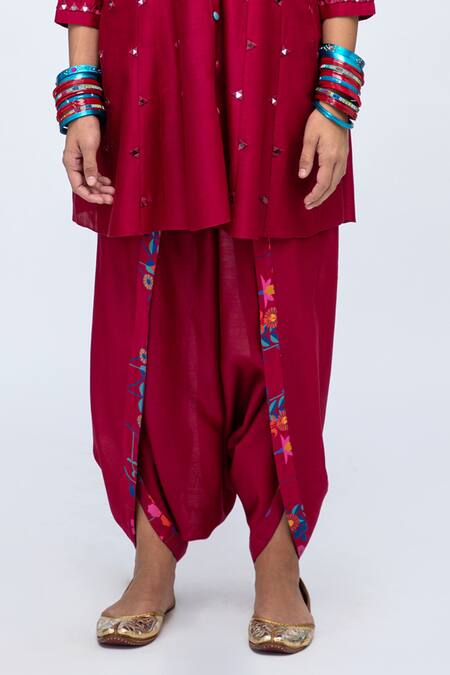 Buy_Lila_Red Cotton, Silk Mirrors Collared Lia Embroidered Kurta Dhoti Pant Set