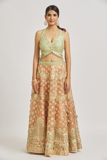 Shop_Vandana Sethi_Peach Organza Sequins, Gota Patti, Embroidery, Crystals, Applique Lehenga Set _Online_at_Aza_Fashions