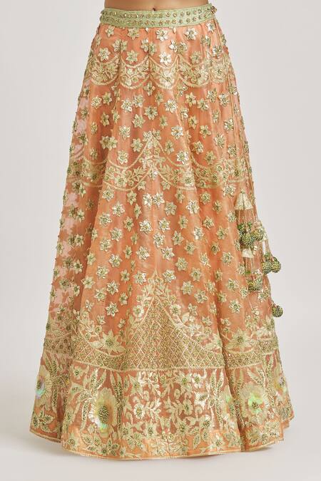 Vandana Sethi_Peach Organza Sequins, Gota Patti, Embroidery, Crystals, Applique Lehenga Set _at_Aza_Fashions