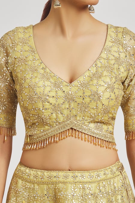 Vandana Sethi_Gold Organza Gota Patti, Mirrors, Crystals, Embroidery Work Bridal Lehenga Set _Online_at_Aza_Fashions