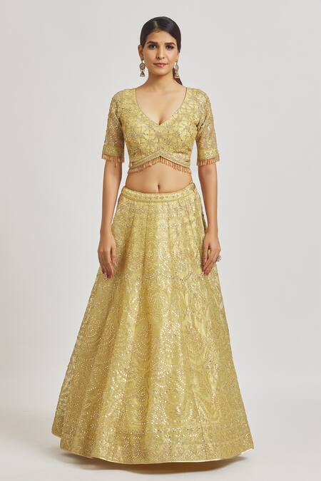 Buy_Vandana Sethi_Gold Organza Gota Patti, Mirrors, Crystals, Embroidery Work Bridal Lehenga Set _Online_at_Aza_Fashions
