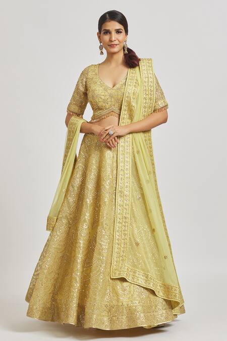 Vandana Sethi_Gold Organza Gota Patti, Mirrors, Crystals, Embroidery Work Bridal Lehenga Set _at_Aza_Fashions