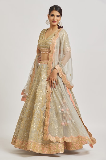 Buy_Vandana Sethi_Gray Organza Tassels, Crystals, Embroidery V-neck Paisley Lehenga Set _Online_at_Aza_Fashions