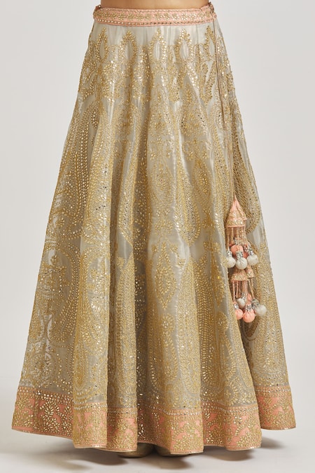 Vandana Sethi_Gray Organza Tassels, Crystals, Embroidery V-neck Paisley Lehenga Set _at_Aza_Fashions