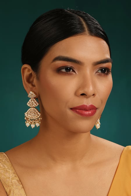 Minaki White Pearls, Crystals Kundan And Embellished Dangler Earrings 