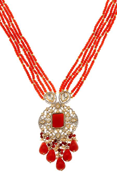 Minaki_Red Pearls, Crystals, Beads Kundan And Stone Embellished Necklace Set_Online_at_Aza_Fashions