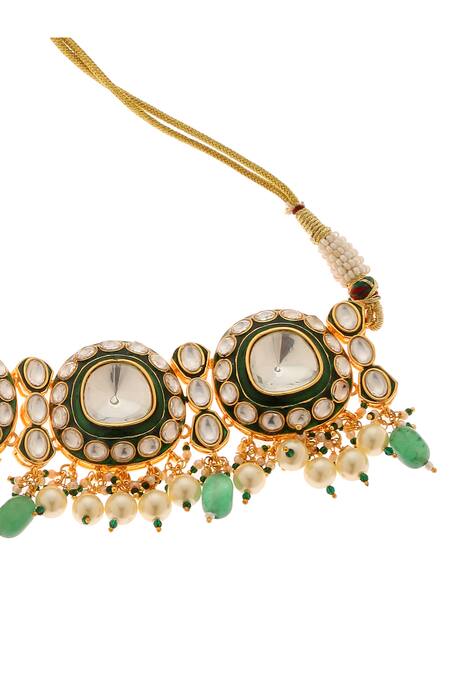 Minaki_Green Metallic Thread, Pearls, Stones Kundan Embellished Choker Necklace Set_Online_at_Aza_Fashions
