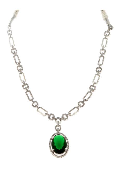Minaki_Green Crystals Cubic Zirconia Embellished Necklace Set_Online_at_Aza_Fashions