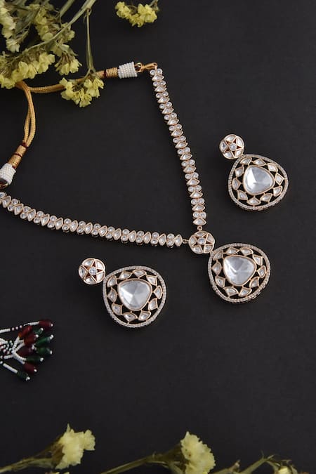 Swabhimann_Pink Cut Work, Diamonds Polki Embellished Necklace Set _Online_at_Aza_Fashions