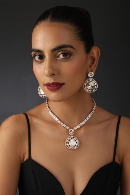 Buy_Swabhimann_Pink Cut Work, Diamonds Polki Embellished Necklace Set _Online_at_Aza_Fashions