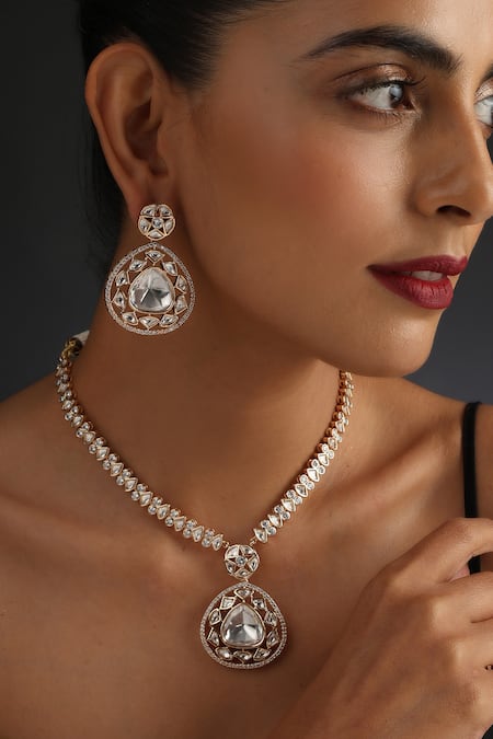 Shop Swabhimann Pink Cut Work, Diamonds Polki Embellished Necklace Set Online at Aza Fashions Shop_Swabhimann_Pink Cut Work, Diamonds Polki Embellished Necklace Set _Online_at_Aza_Fashions