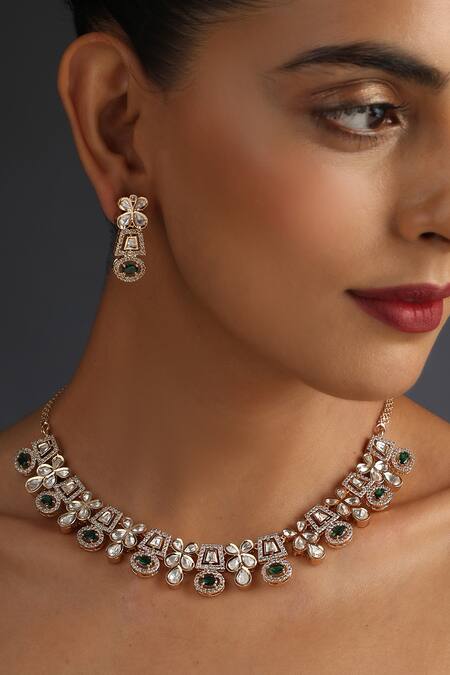 Buy_Swabhimann_Green Crystals, Diamonds, Stones Uncut Polki Embellished Floral Necklace Set _Online_at_Aza_Fashions