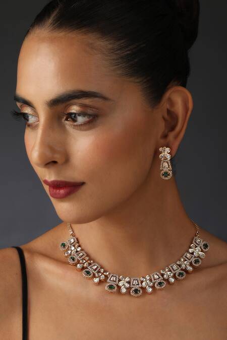 Shop_Swabhimann_Green Crystals, Diamonds, Stones Uncut Polki Embellished Floral Necklace Set _Online_at_Aza_Fashions