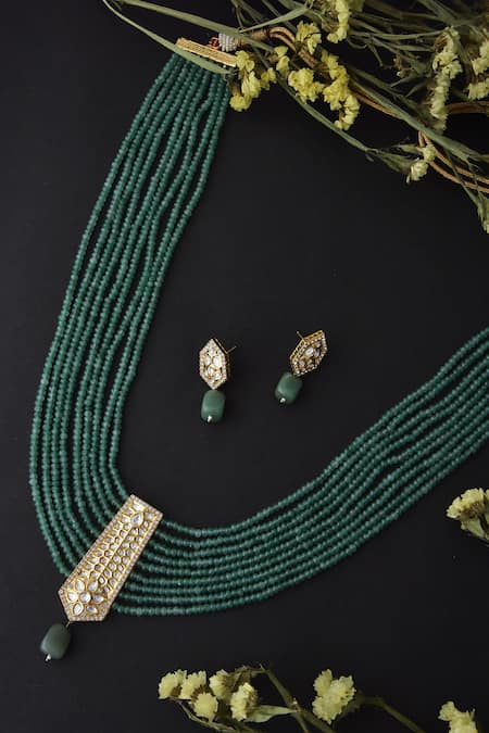 Shop_Swabhimann_Green Diamonds, Stones Uncut Polki Embellished Layered Necklace Set _at_Aza_Fashions