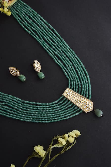 Swabhimann_Green Diamonds, Stones Uncut Polki Embellished Layered Necklace Set _Online_at_Aza_Fashions