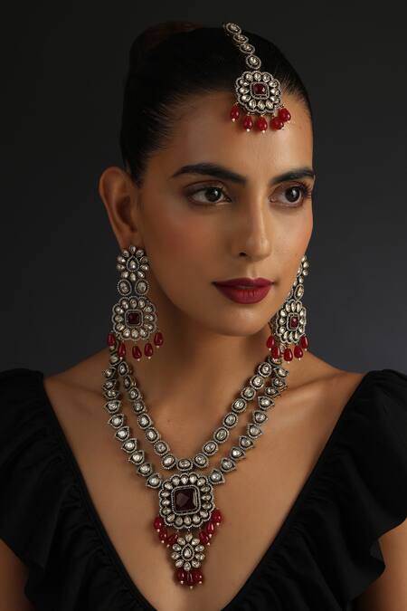Buy_Swabhimann_Red Stones, Beads Uncut Polki Embellished Necklace Set _Online_at_Aza_Fashions