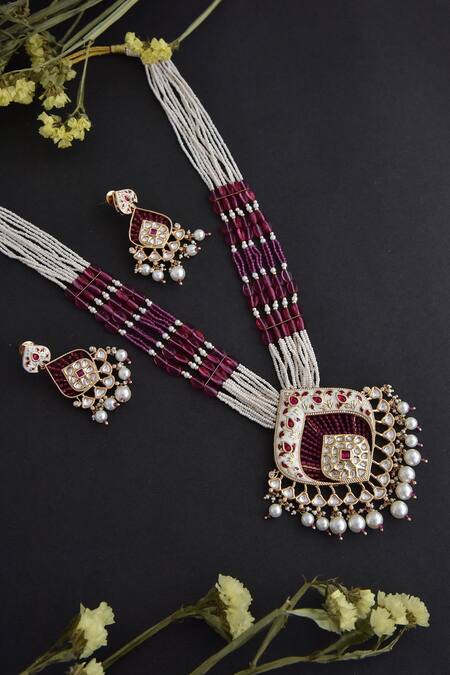 Swabhimann_Red Diamonds, Pearls Uncut Polki Studded Necklace Set _Online_at_Aza_Fashions