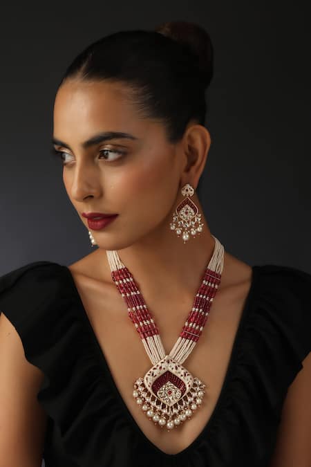 Buy_Swabhimann_Red Diamonds, Pearls Uncut Polki Studded Necklace Set _Online_at_Aza_Fashions