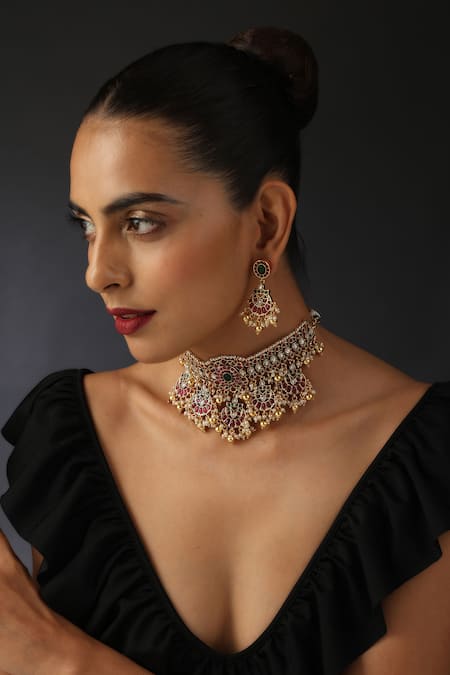 Swabhimann Multi Color Pearls, Zari Kundan Jadau Floral Half Moon Choker Set 