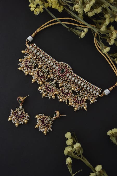 Shop_Swabhimann_Multi Color Pearls, Zari Kundan Jadau Floral Half Moon Choker Set _at_Aza_Fashions