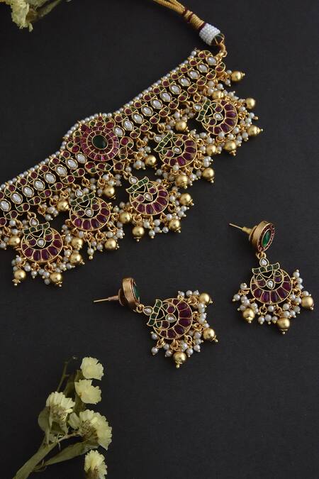 Swabhimann_Multi Color Pearls, Zari Kundan Jadau Floral Half Moon Choker Set _Online_at_Aza_Fashions