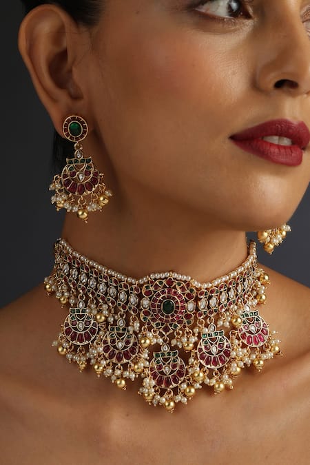 Buy Swabhimann Multi Color Pearls, Zari Kundan Jadau Floral Half Moon Choker Set Online at Aza Fashions Buy_Swabhimann_Multi Color Pearls, Zari Kundan Jadau Floral Half Moon Choker Set _Online_at_Aza_Fashions
