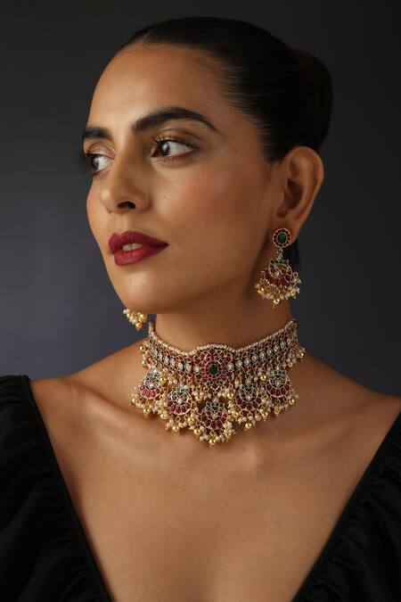 Shop_Swabhimann_Multi Color Pearls, Zari Kundan Jadau Floral Half Moon Choker Set _Online_at_Aza_Fashions