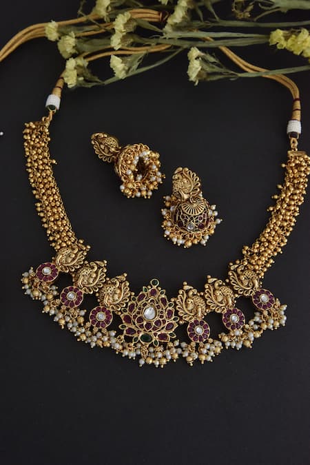 Swabhimann_Multi Color Pearls, Zari Peacock Kundan Embellished Necklace Set _Online_at_Aza_Fashions