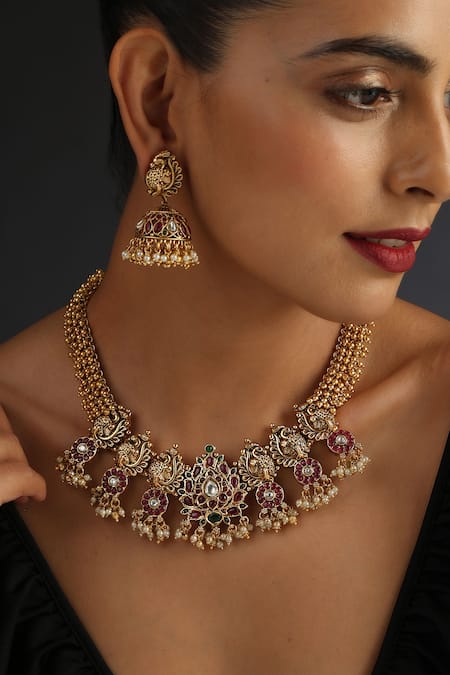 Buy Swabhimann Multi Color Pearls, Zari Peacock Kundan Embellished Necklace Set Online at Aza Fashions Buy_Swabhimann_Multi Color Pearls, Zari Peacock Kundan Embellished Necklace Set _Online_at_Aza_Fashions