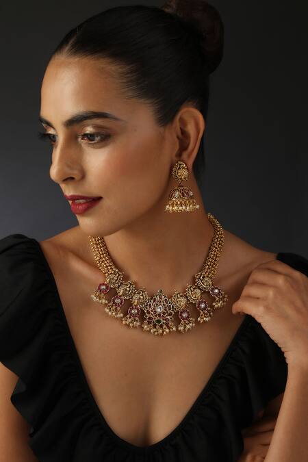 Shop_Swabhimann_Multi Color Pearls, Zari Peacock Kundan Embellished Necklace Set _Online_at_Aza_Fashions