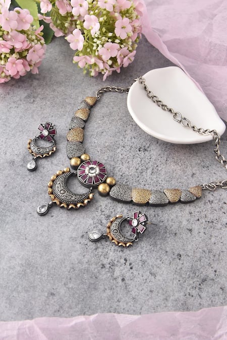 Swabhimann_Purple Zari Two Tone Embellished Necklace Set _Online_at_Aza_Fashions