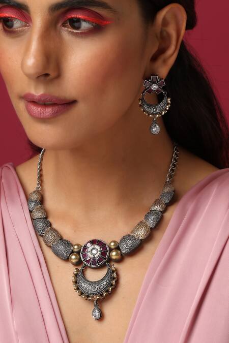 Buy_Swabhimann_Purple Zari Two Tone Embellished Necklace Set _Online_at_Aza_Fashions