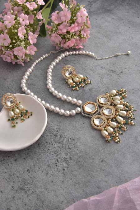 Buy_Swabhimann_White Pearls Polki Embellished Necklace Set _Online_at_Aza_Fashions