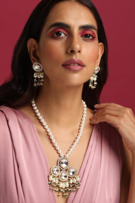 Shop_Swabhimann_White Pearls Polki Embellished Necklace Set _Online_at_Aza_Fashions