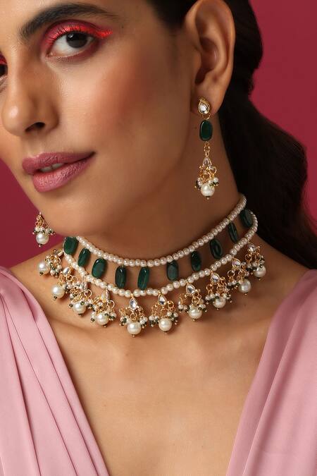 Buy_Swabhimann_Green Pearls Kundan Drop Embellished Necklace Set _Online_at_Aza_Fashions