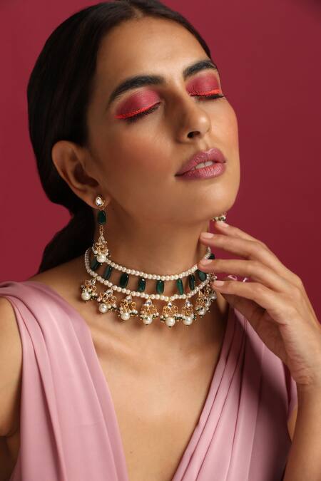 Shop_Swabhimann_Green Pearls Kundan Drop Embellished Necklace Set _Online_at_Aza_Fashions