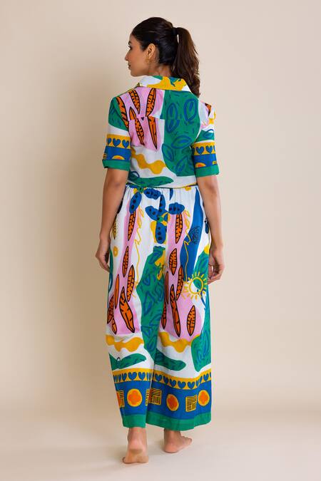 Shop Label Reyya Green Cotton Collared Printed Shirt And Pant Set at Aza Fashions Shop_Label Reyya_Green Cotton Collared Printed Shirt And Pant Set_at_Aza_Fashions