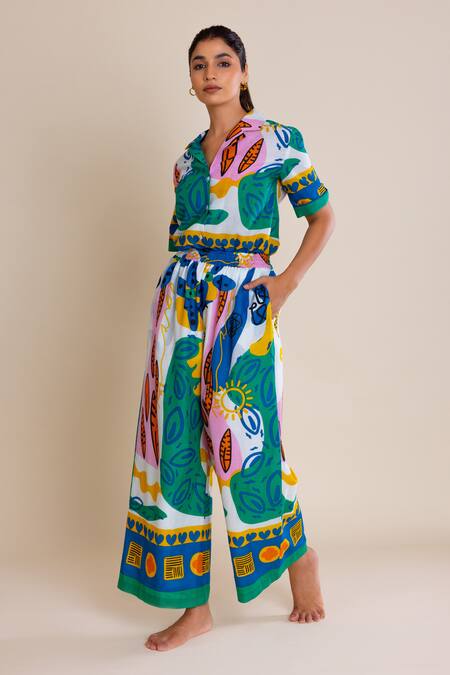 Shop Label Reyya Green Cotton Collared Printed Shirt And Pant Set Online at Aza Fashions Shop_Label Reyya_Green Cotton Collared Printed Shirt And Pant Set_Online_at_Aza_Fashions