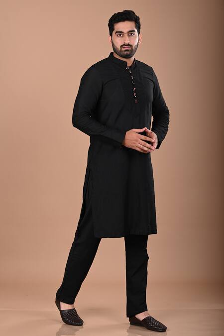 Priyanka Haralalka_Black Cotton Satin, Cotton, Silk Embroidery Pintucked Yoke Kurta Set _Online_at_Aza_Fashions