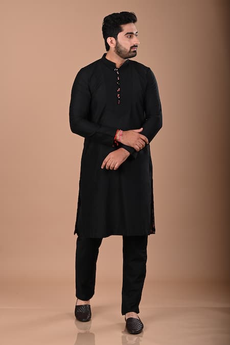 Buy_Priyanka Haralalka_Black Cotton Satin, Cotton, Silk Embroidery Pintucked Yoke Kurta Set _Online_at_Aza_Fashions