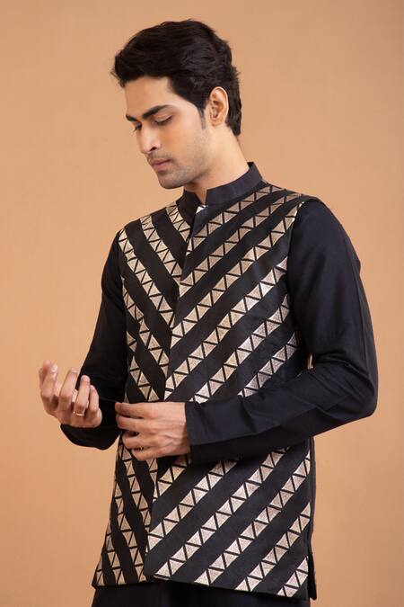 Shop Priyanka Haralalka Black Cotton, Silk Zari Embroidered Bundi Pant Set Online at Aza Fashions Shop_Priyanka Haralalka_Black Cotton, Silk Zari Embroidered Bundi Pant Set _Online_at_Aza_Fashions