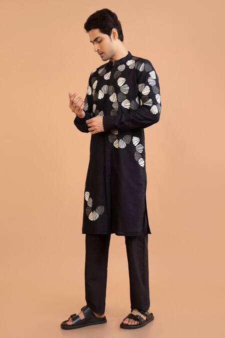 Priyanka Haralalka_Black Cotton, Silk Embroidery Kurta And Pant Set _Online_at_Aza_Fashions